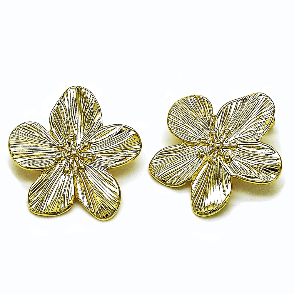 Oro Laminado Stud Earring, Gold Filled Style Flower Design, Diamond Cutting Finish, Golden Finish