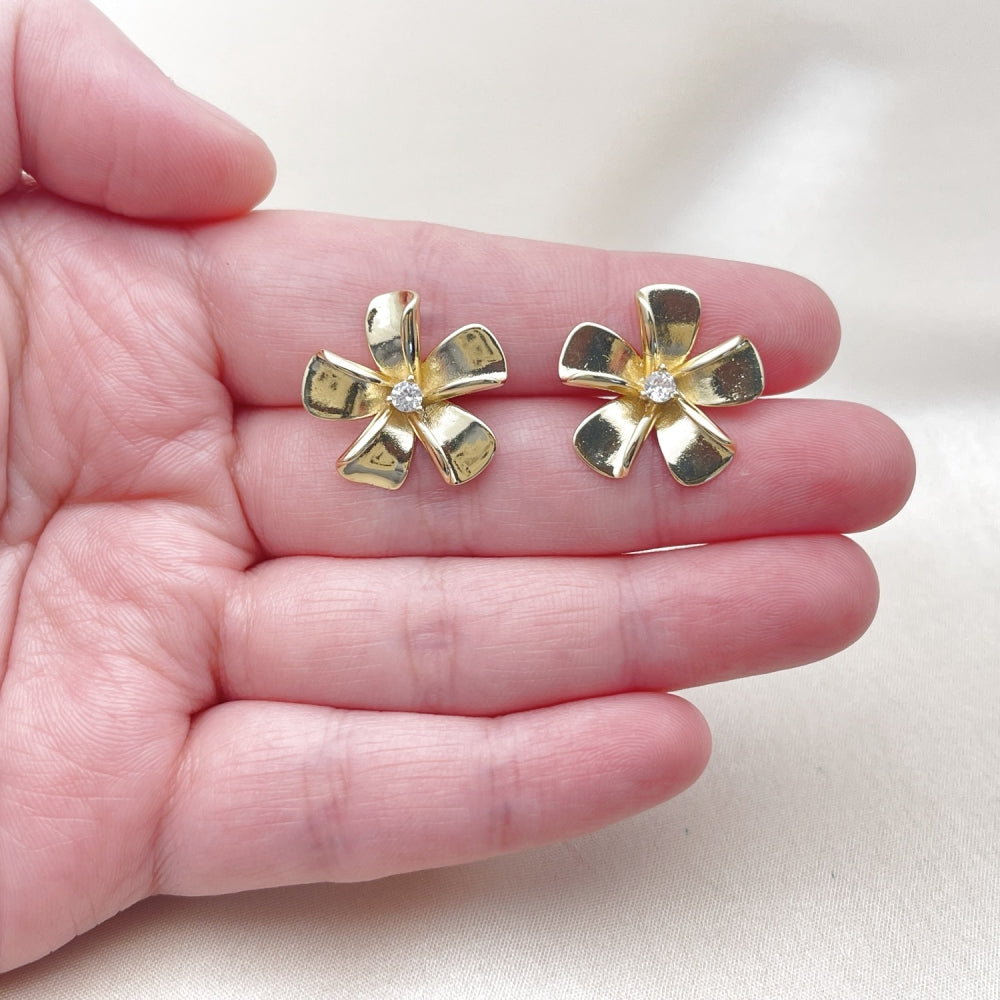 Oro Laminado Stud Earring, Gold Filled Style Flower Design, with White Cubic Zirconia, Polished, Rose Gold Finish