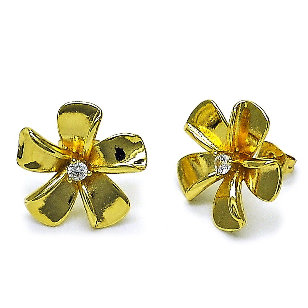 Oro Laminado Stud Earring, Gold Filled Style Flower Design, with White Cubic Zirconia, Polished, Rose Gold Finish