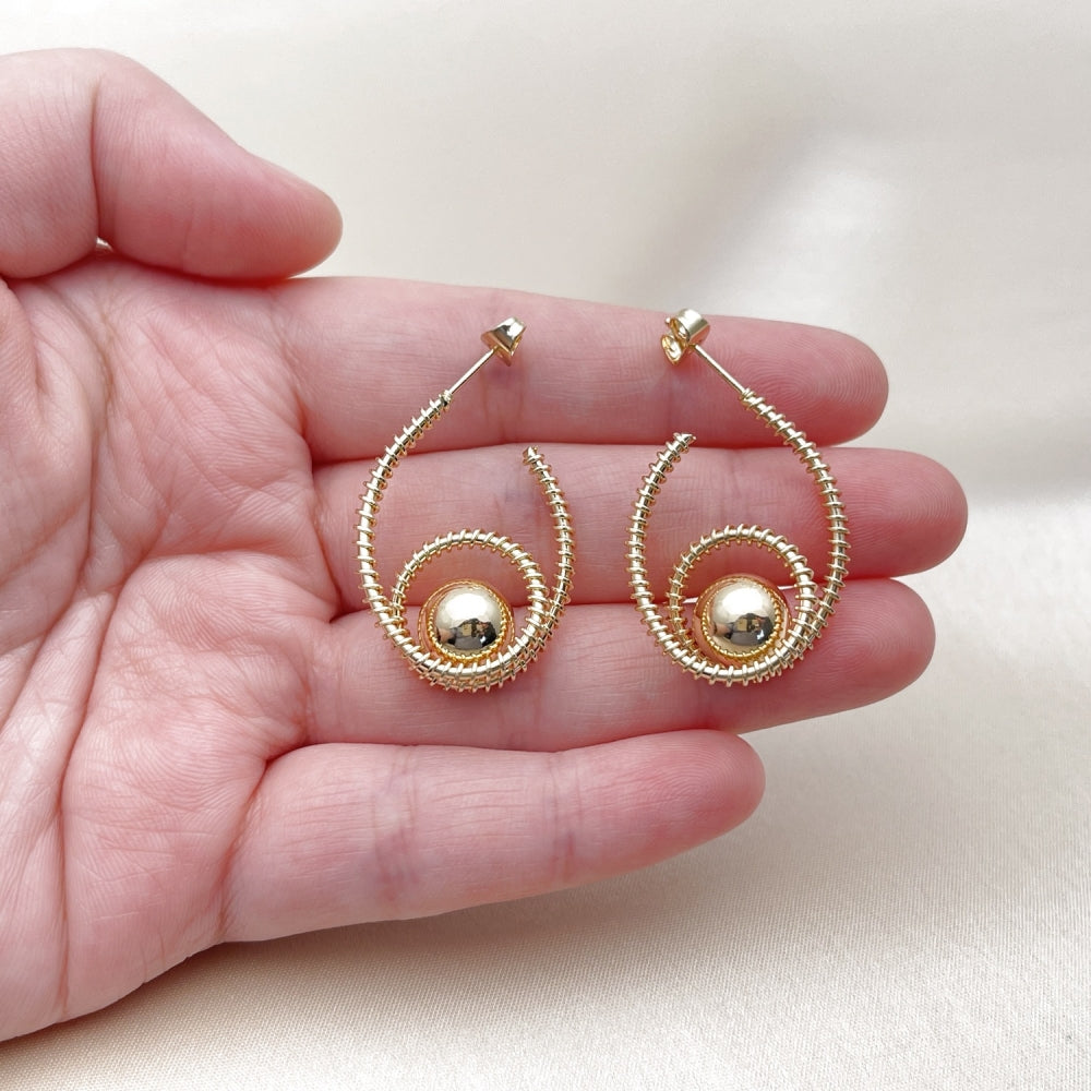 Oro Laminado Small Hoop, Gold Filled Style Ball and Twist Design, Polished, Golden Finish
