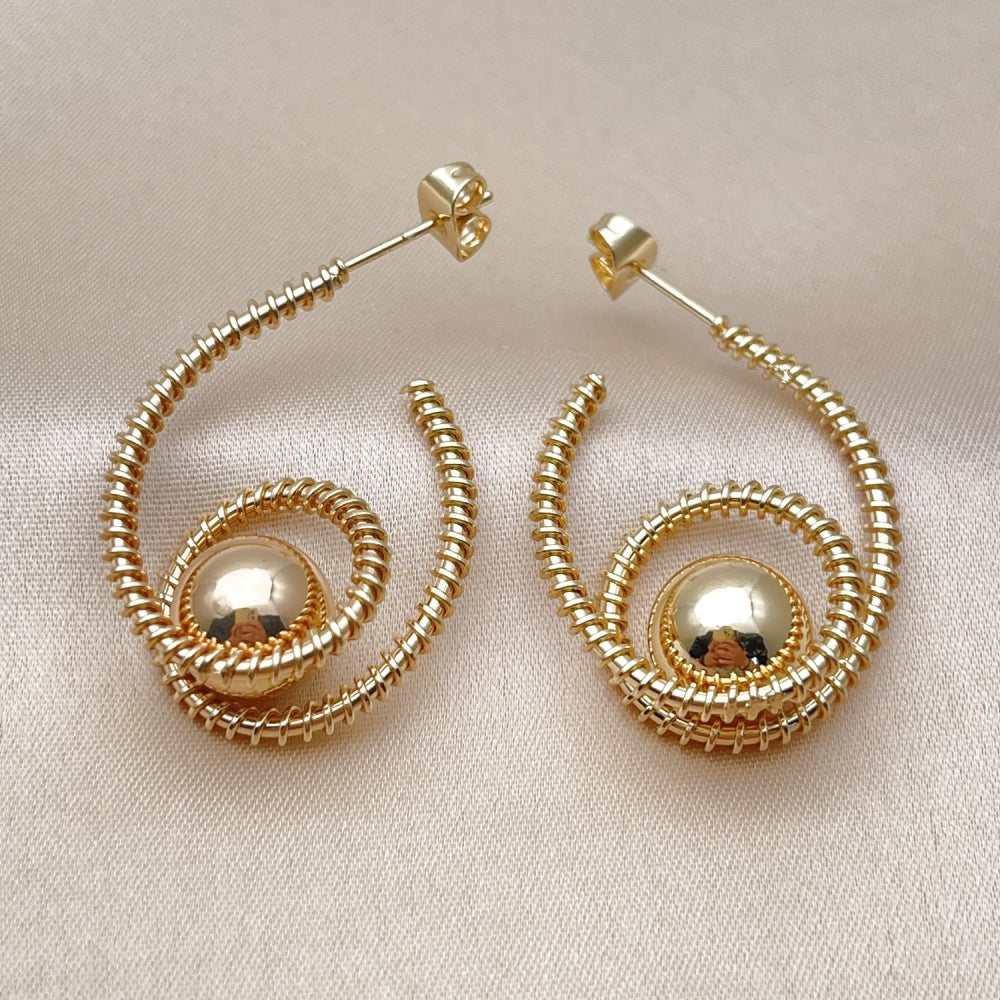 Oro Laminado Small Hoop, Gold Filled Style Ball and Twist Design, Polished, Golden Finish