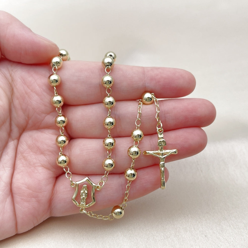Oro Laminado Medium Rosary, Gold Filled Style Guadalupe and Crucifix Design, Polished, Golden Finish