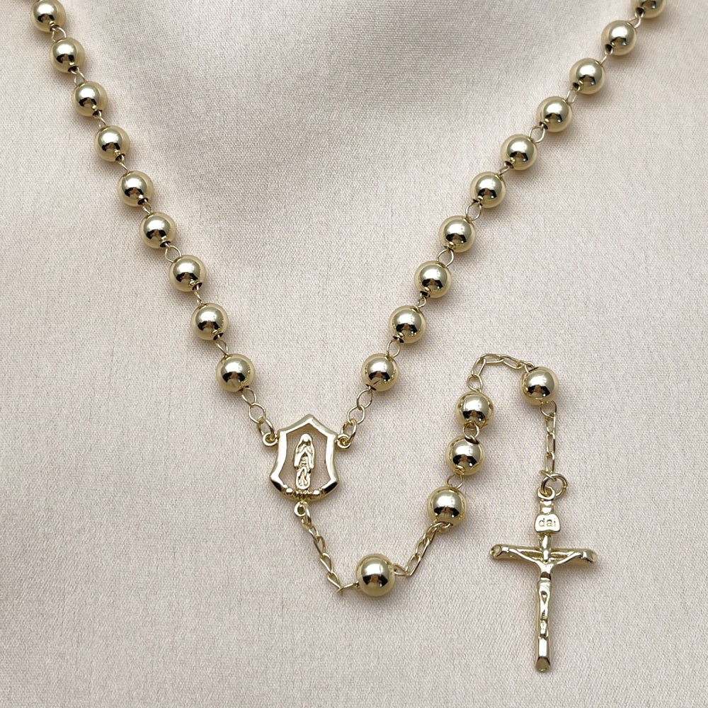Oro Laminado Medium Rosary, Gold Filled Style Guadalupe and Crucifix Design, Polished, Golden Finish