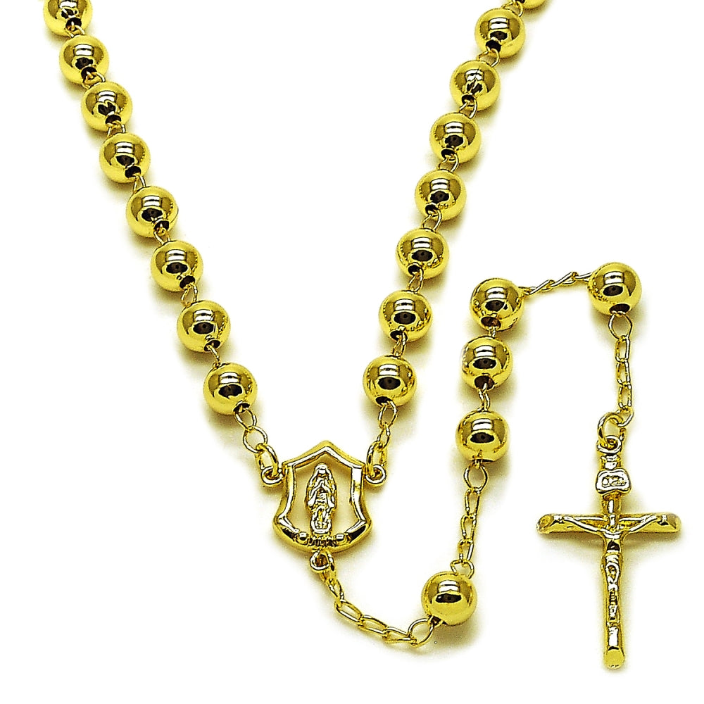 Oro Laminado Medium Rosary, Gold Filled Style Guadalupe and Crucifix Design, Polished, Golden Finish