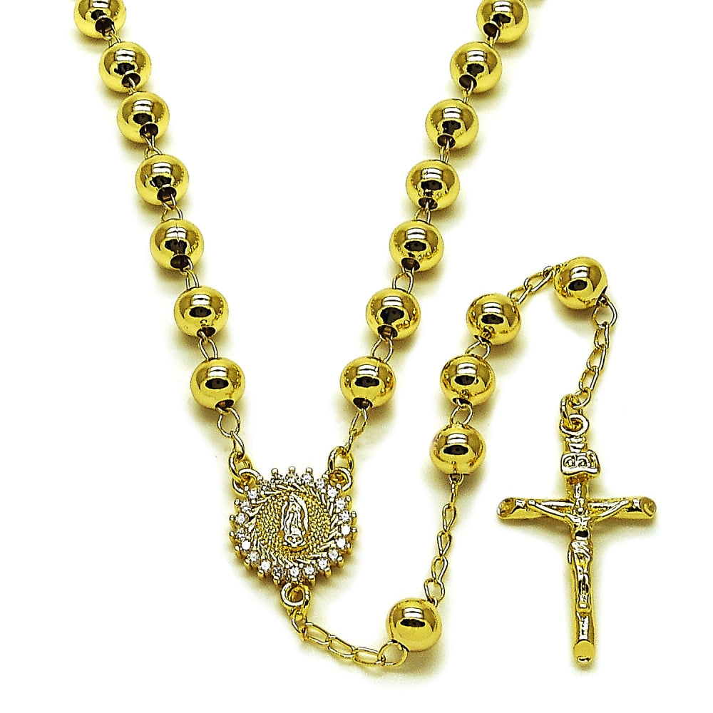 Oro Laminado Medium Rosary, Gold Filled Style Guadalupe and Crucifix Design, with White Cubic Zirconia, Polished, Golden Finish
