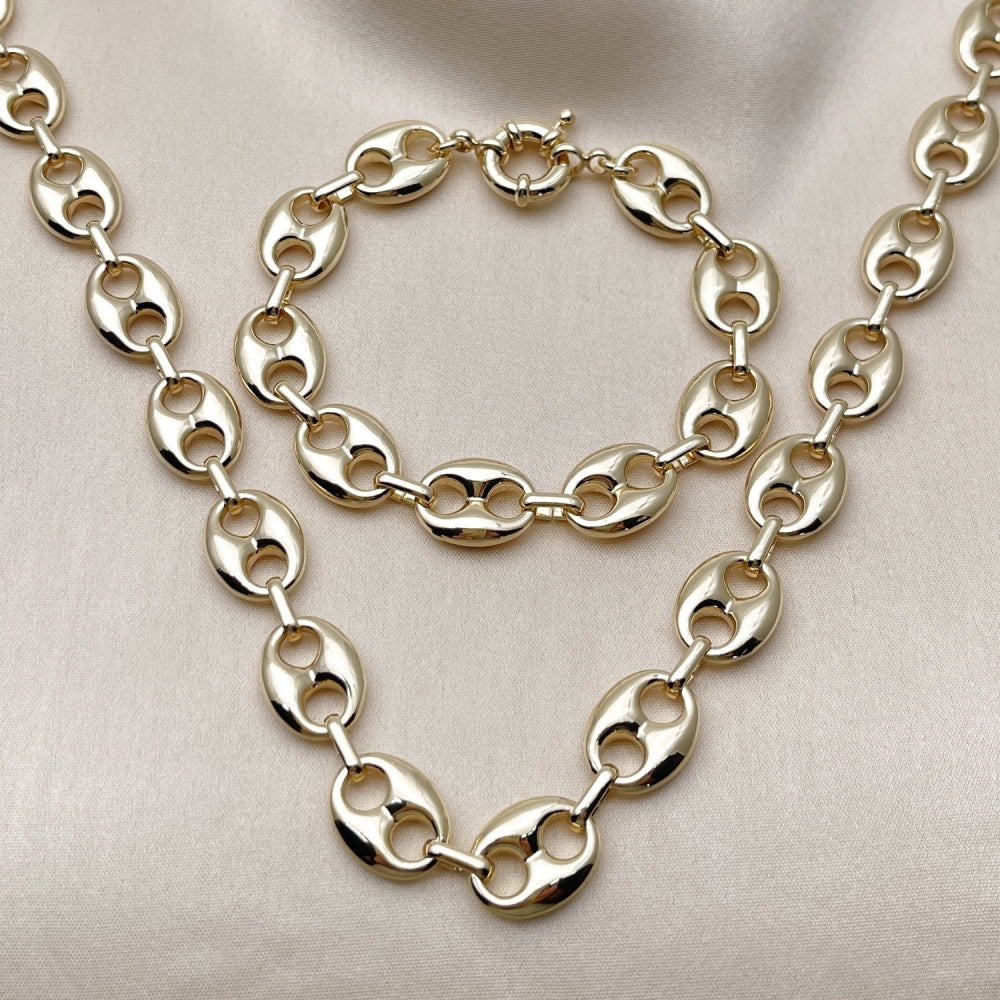 Oro Laminado Necklace and Bracelet, Gold Filled Style Puff Mariner Design, Polished, Golden Finish