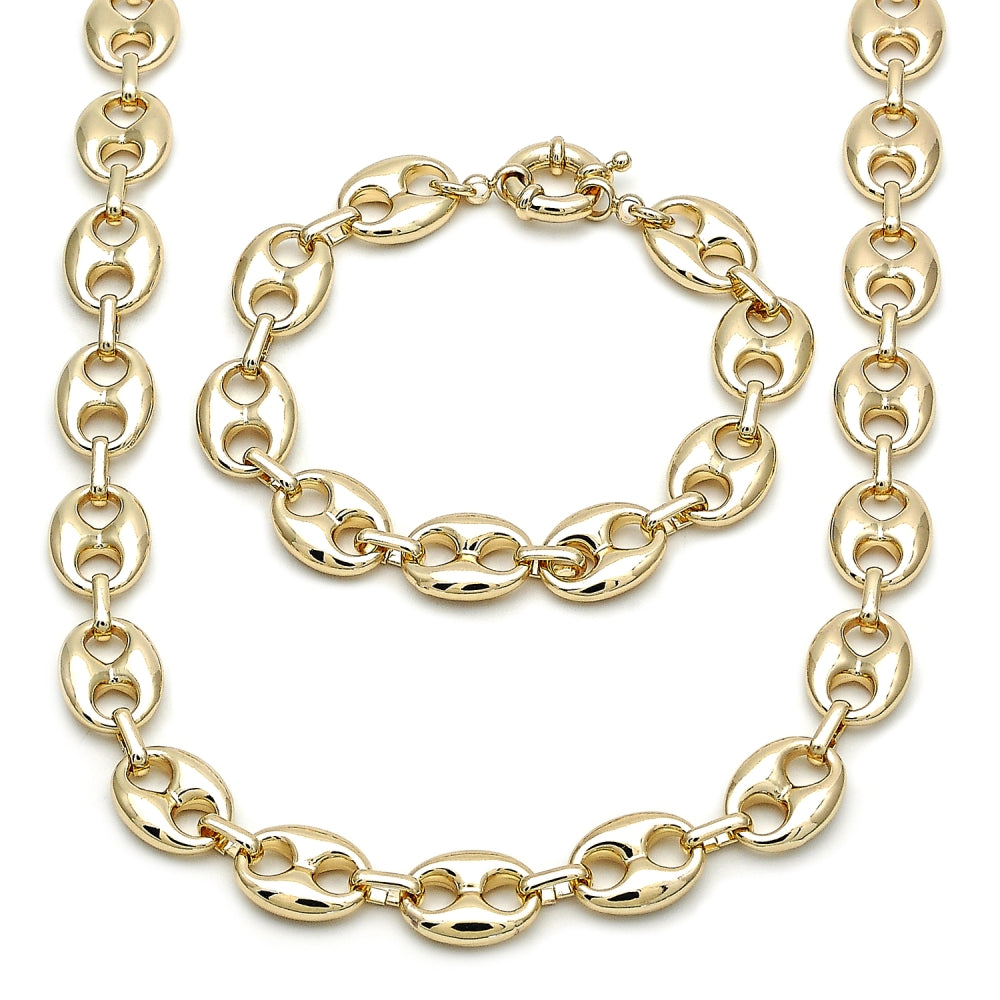 Oro Laminado Necklace and Bracelet, Gold Filled Style Puff Mariner Design, Polished, Golden Finish