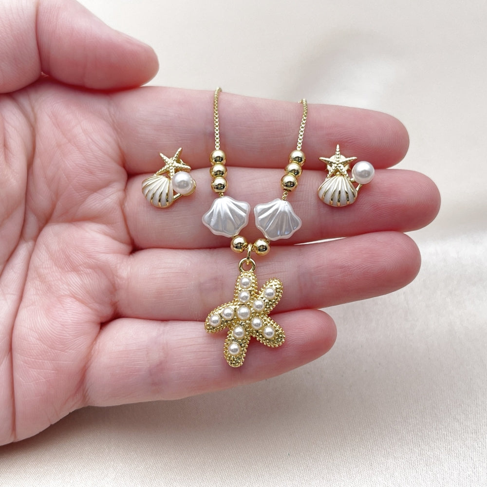 Oro Laminado Earring and Pendant Adult Set, Gold Filled Style Shell and Star Design, with Ivory Pearl, White Enamel Finish, Golden Finish