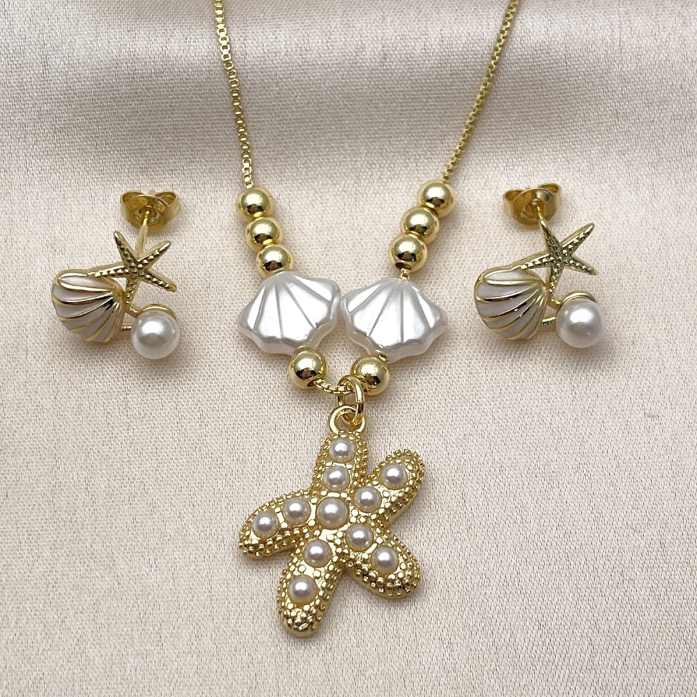 Oro Laminado Earring and Pendant Adult Set, Gold Filled Style Shell and Star Design, with Ivory Pearl, White Enamel Finish, Golden Finish