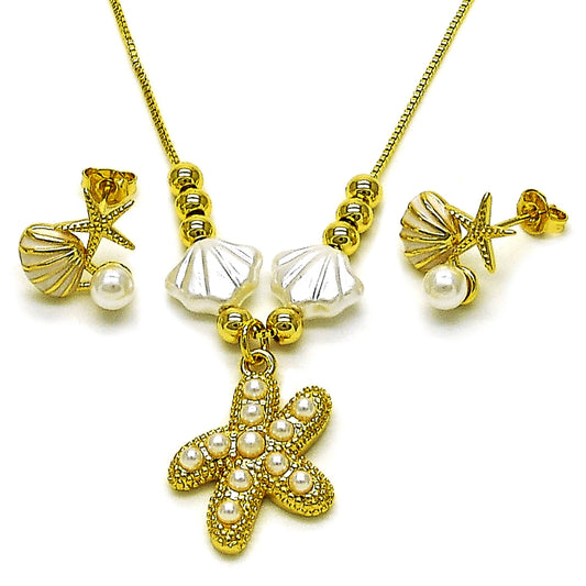 Oro Laminado Earring and Pendant Adult Set, Gold Filled Style Shell and Star Design, with Ivory Pearl, White Enamel Finish, Golden Finish