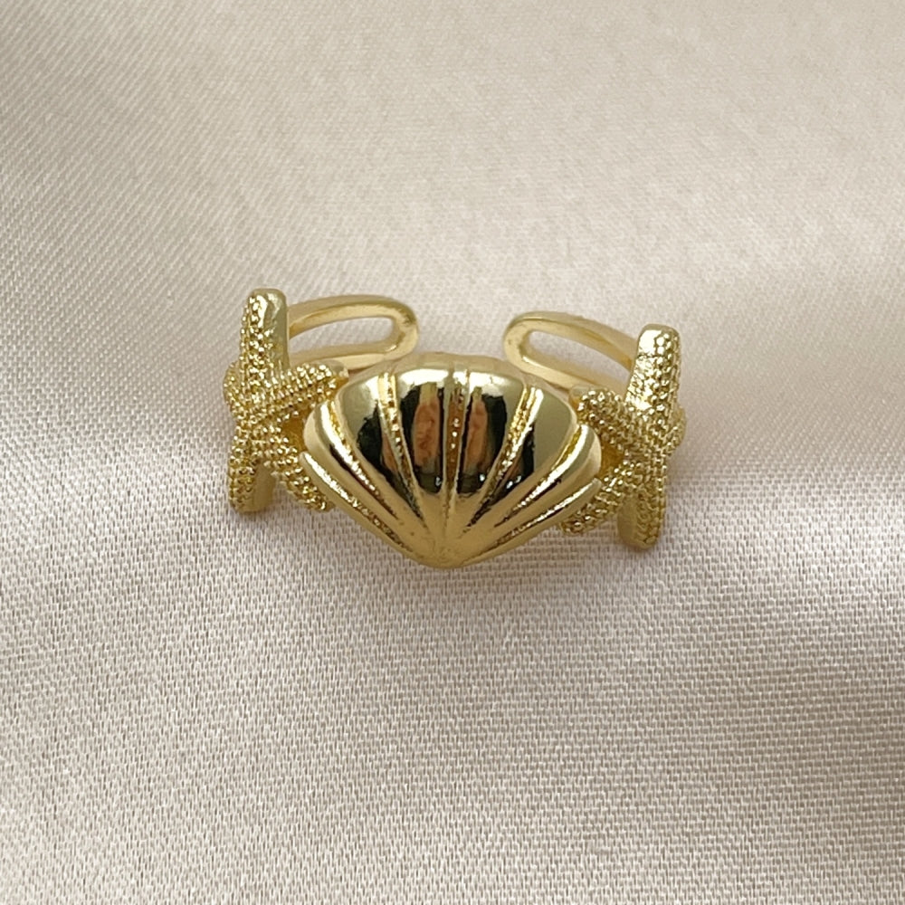 Oro Laminado Elegant Ring, Gold Filled Style Shell and Star Design, Polished, Golden Finish