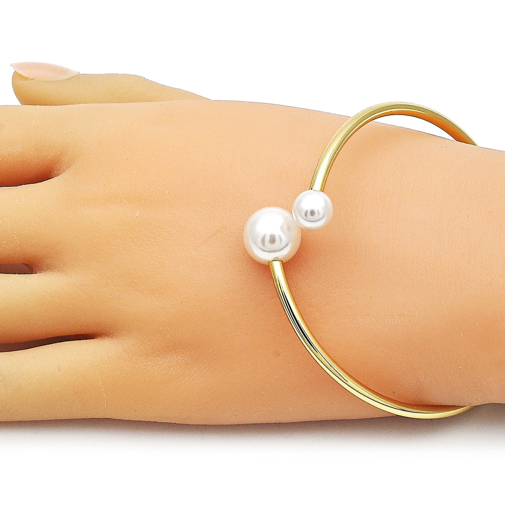 Oro Laminado Individual Bangle, Gold Filled Style Ball Design, with Ivory Pearl, Polished, Golden Finish