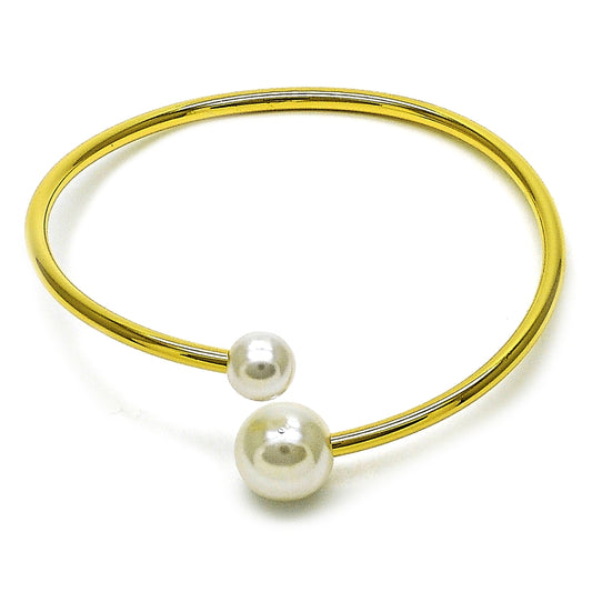 Oro Laminado Individual Bangle, Gold Filled Style Ball Design, with Ivory Pearl, Polished, Golden Finish