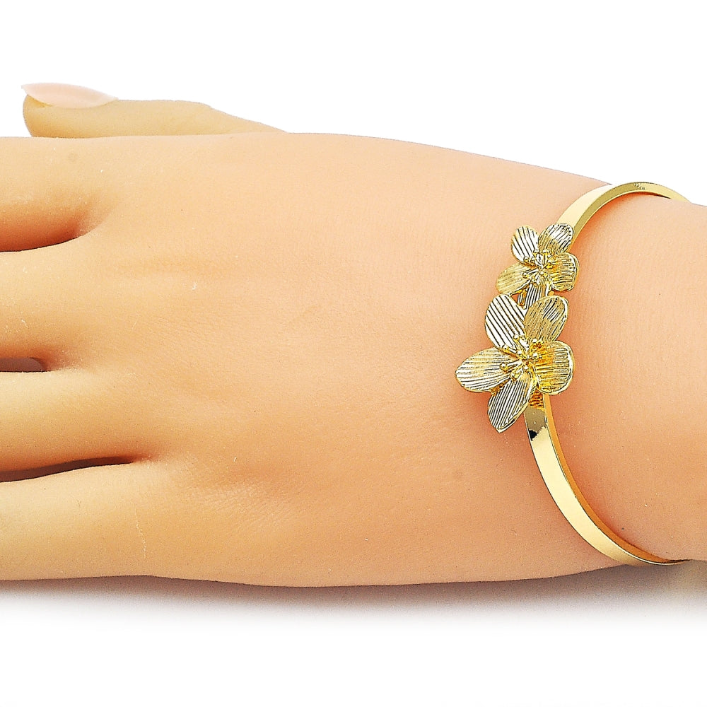 Oro Laminado Individual Bangle, Gold Filled Style Flower Design, Diamond Cutting Finish, Golden Finish