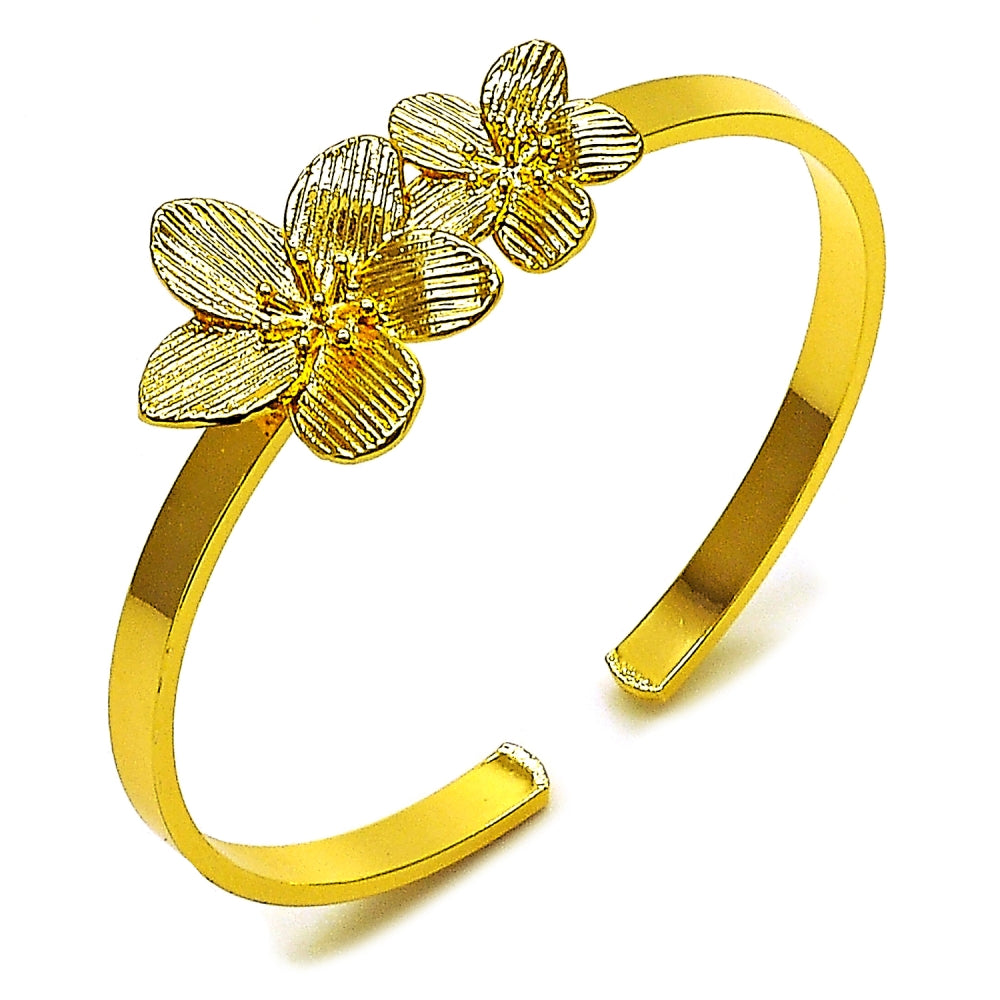 Oro Laminado Individual Bangle, Gold Filled Style Flower Design, Diamond Cutting Finish, Golden Finish