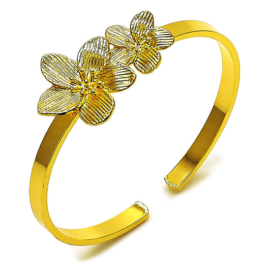 Oro Laminado Individual Bangle, Gold Filled Style Flower Design, Diamond Cutting Finish, Golden Finish