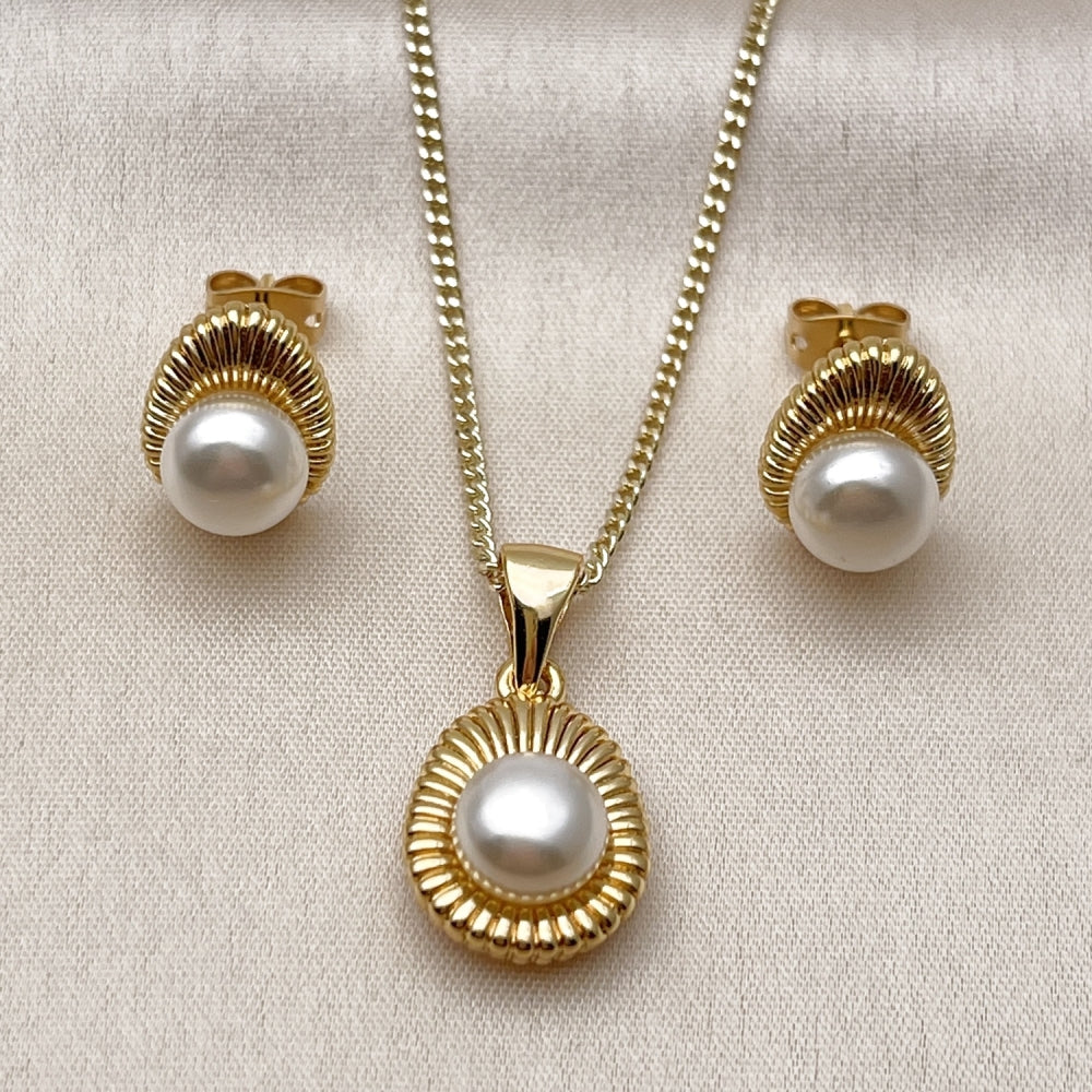 Oro Laminado Earring and Pendant Adult Set, Gold Filled Style Teardrop Design, with Ivory Pearl, Polished, Golden Finish