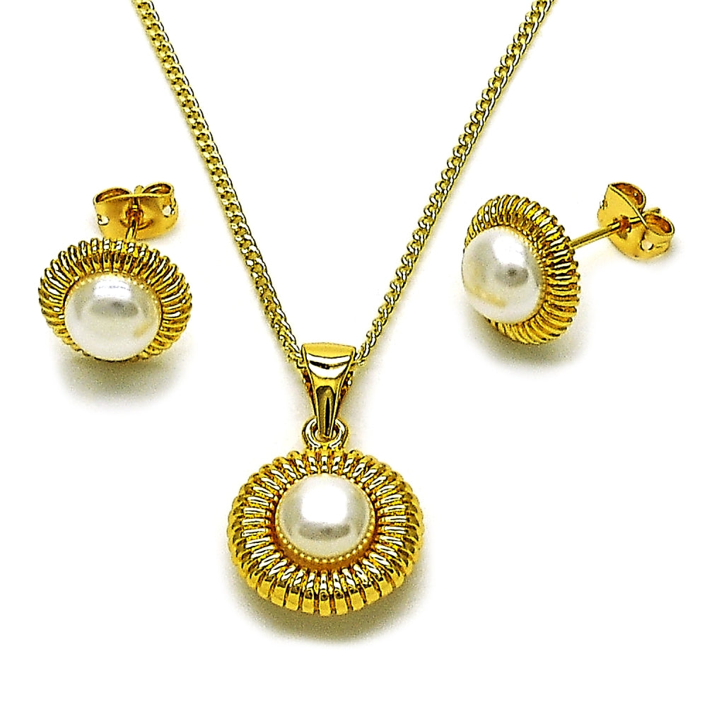 Oro Laminado Earring and Pendant Adult Set, Gold Filled Style Flower Design, with Ivory Pearl, Polished, Golden Finish