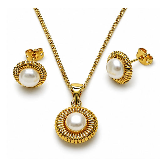 Oro Laminado Earring and Pendant Adult Set, Gold Filled Style Flower Design, with Ivory Pearl, Polished, Golden Finish