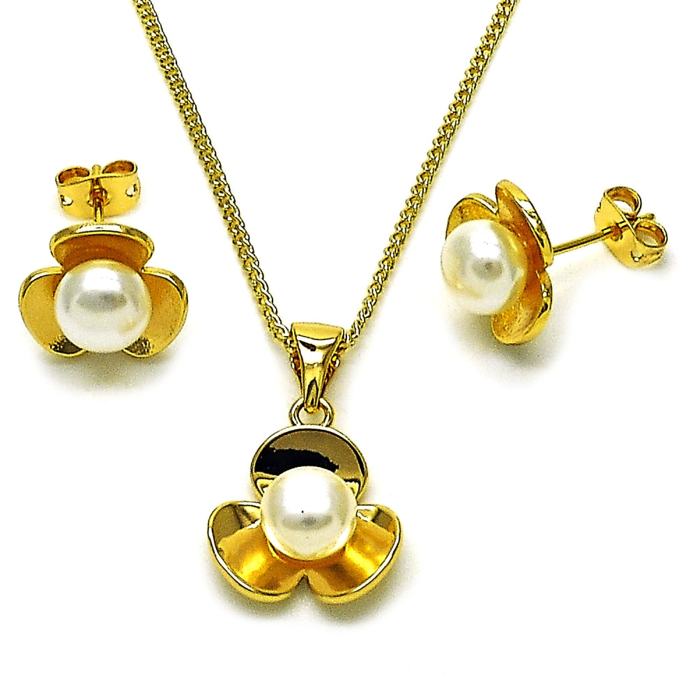 Oro Laminado Earring and Pendant Adult Set, Gold Filled Style Flower Design, with Ivory Pearl, Polished, Golden Finish