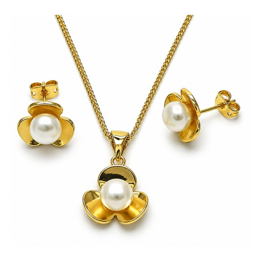 Oro Laminado Earring and Pendant Adult Set, Gold Filled Style Flower Design, with Ivory Pearl, Polished, Golden Finish