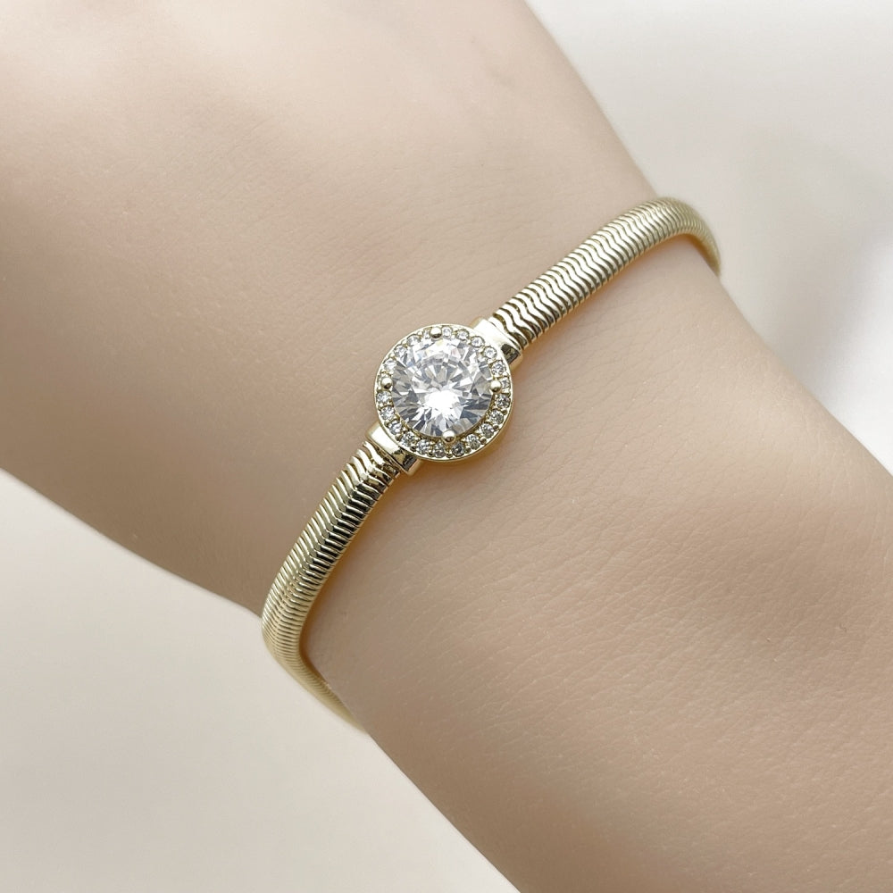 Oro Laminado Fancy Bracelet, Gold Filled Style Rat Tail and Cluster Design, with White Cubic Zirconia and White Micro Pave, Polished, Golden Finish