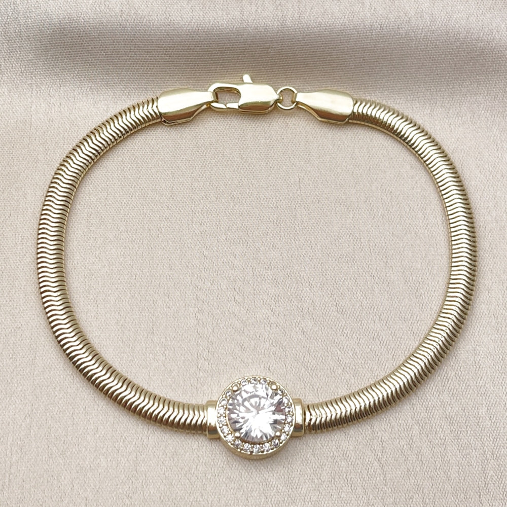 Oro Laminado Fancy Bracelet, Gold Filled Style Rat Tail and Cluster Design, with White Cubic Zirconia and White Micro Pave, Polished, Golden Finish