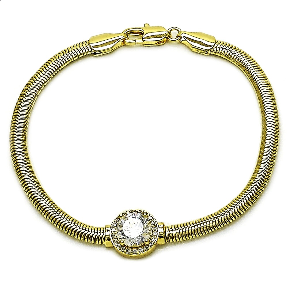 Oro Laminado Fancy Bracelet, Gold Filled Style Rat Tail and Cluster Design, with White Cubic Zirconia and White Micro Pave, Polished, Golden Finish