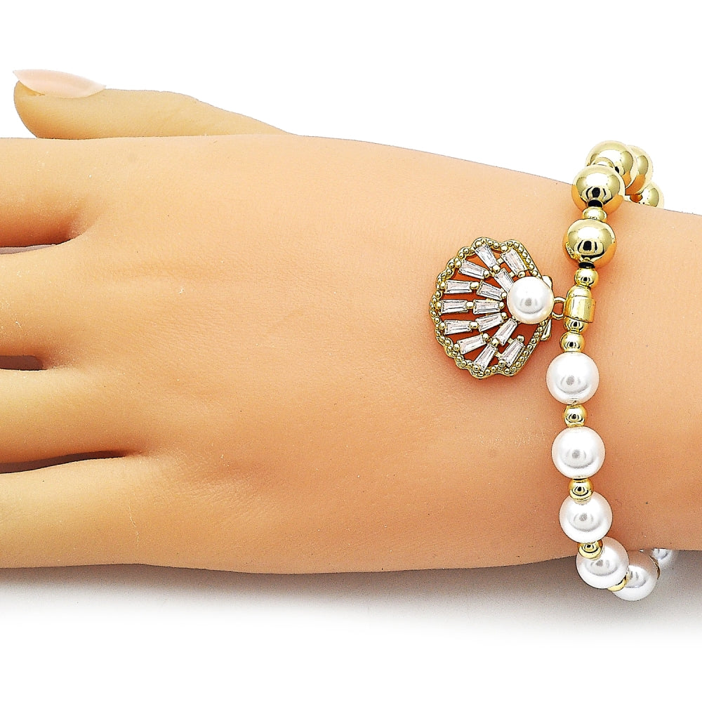 Oro Laminado Fancy Bracelet, Gold Filled Style Expandable Bead and Shell Design, with White Cubic Zirconia and Ivory Pearl, Polished, Golden Finish