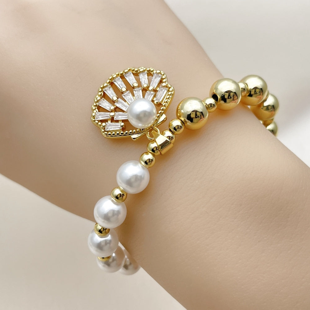 Oro Laminado Fancy Bracelet, Gold Filled Style Expandable Bead and Shell Design, with White Cubic Zirconia and Ivory Pearl, Polished, Golden Finish
