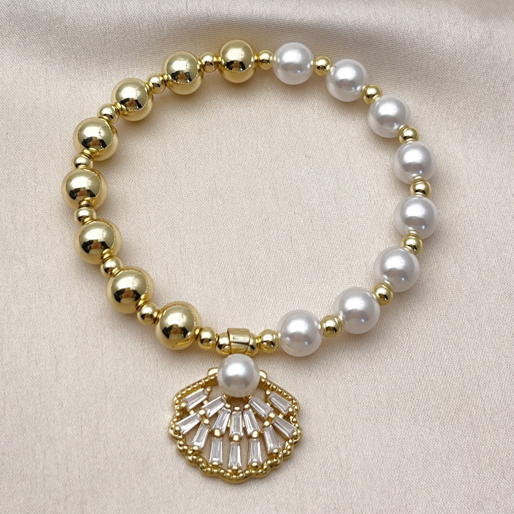Oro Laminado Fancy Bracelet, Gold Filled Style Expandable Bead and Shell Design, with White Cubic Zirconia and Ivory Pearl, Polished, Golden Finish