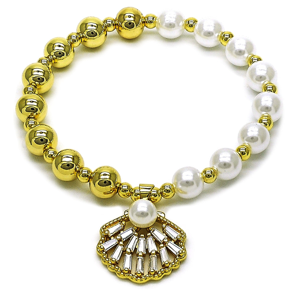 Oro Laminado Fancy Bracelet, Gold Filled Style Expandable Bead and Shell Design, with White Cubic Zirconia and Ivory Pearl, Polished, Golden Finish
