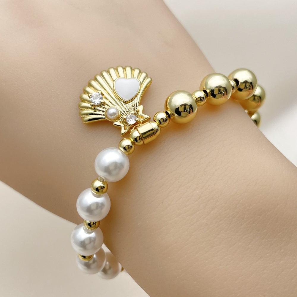 Oro Laminado Fancy Bracelet, Gold Filled Style Expandable Bead and Shell Design, with Ivory Pearl and White Cubic Zirconia, White Enamel Finish, Golden Finish