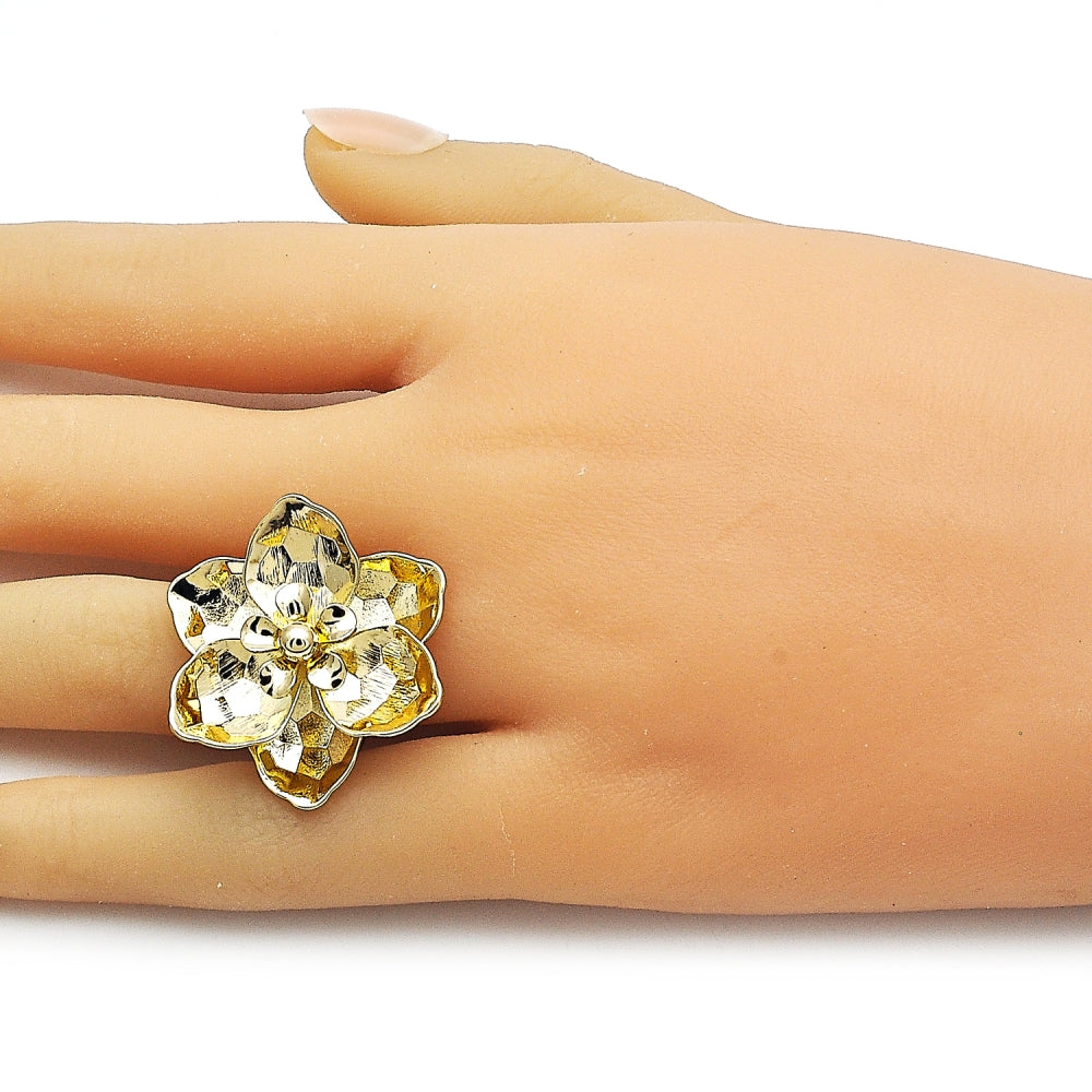 Oro Laminado Elegant Ring, Gold Filled Style Flower Design, Diamond Cutting Finish, Golden Finish
