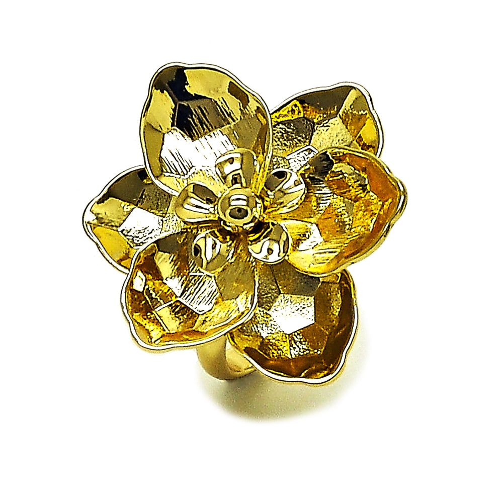 Oro Laminado Elegant Ring, Gold Filled Style Flower Design, Diamond Cutting Finish, Golden Finish