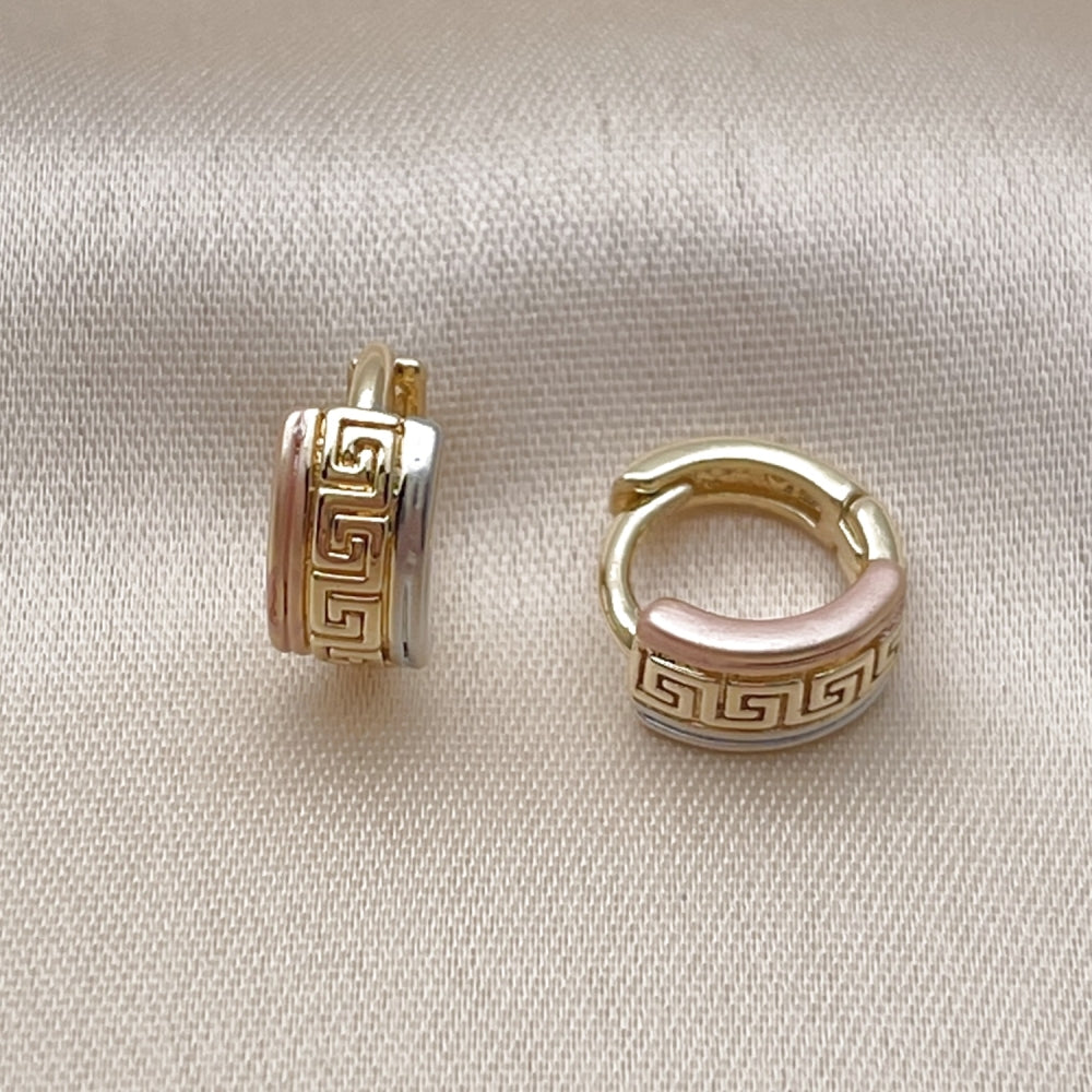 Oro Laminado Huggie Hoop, Gold Filled Style Greek Key Design, Polished, Tricolor