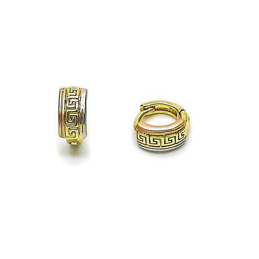 Oro Laminado Huggie Hoop, Gold Filled Style Greek Key Design, Polished, Tricolor