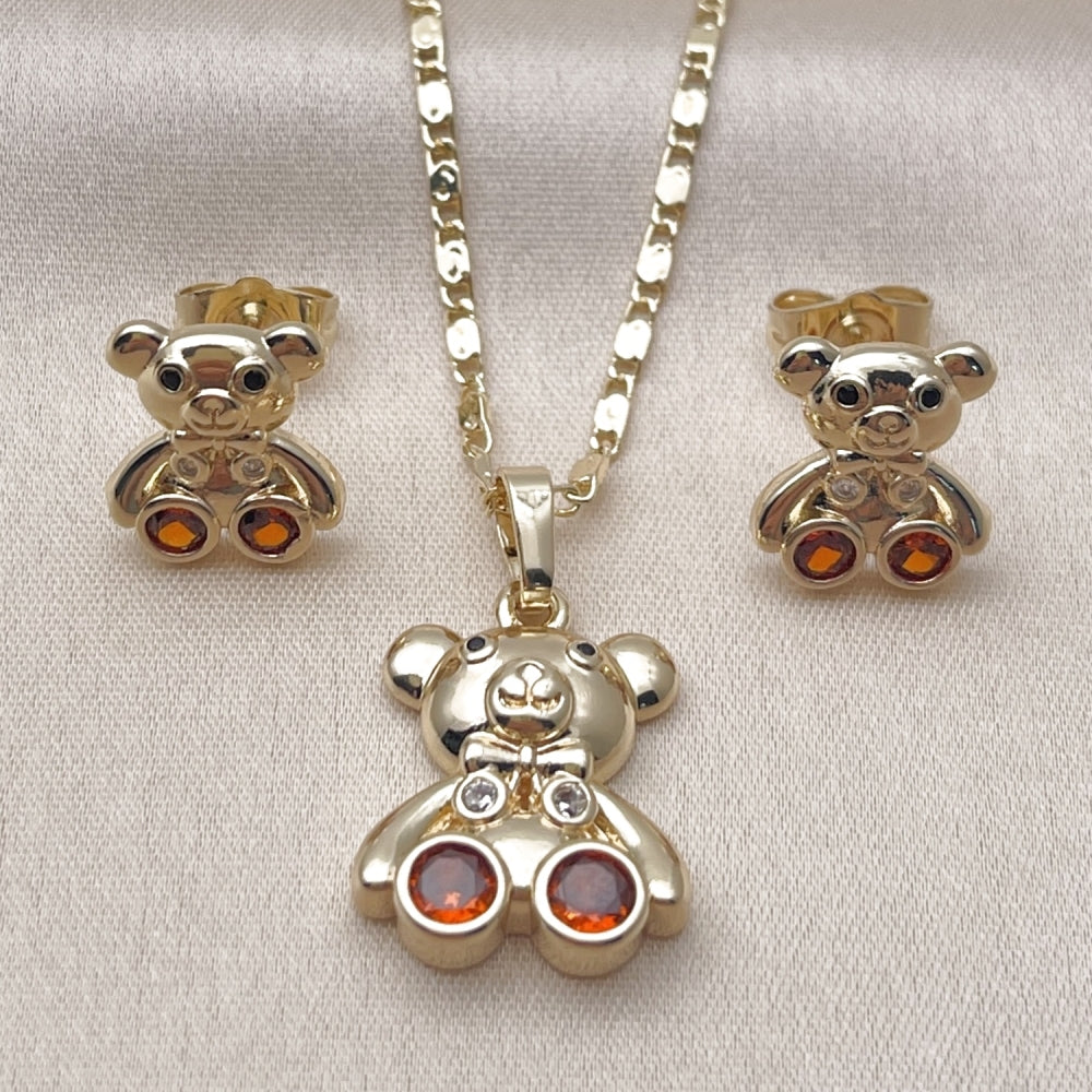 Oro Laminado Earring and Pendant Adult Set, Gold Filled Style Teddy Bear Design, with Garnet and White Cubic Zirconia, Polished, Golden Finish