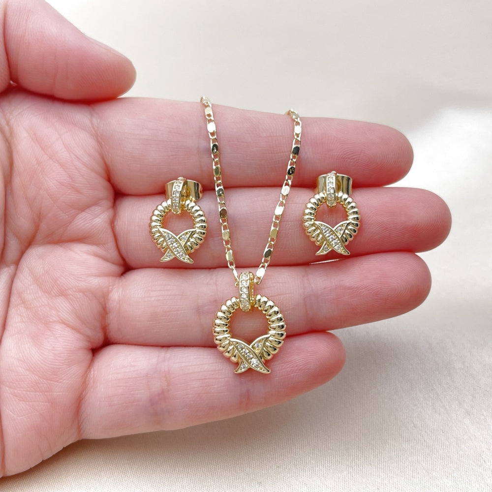 Oro Laminado Earring and Pendant Adult Set, Gold Filled Style Twist Design, with White Micro Pave, Polished, Golden Finish