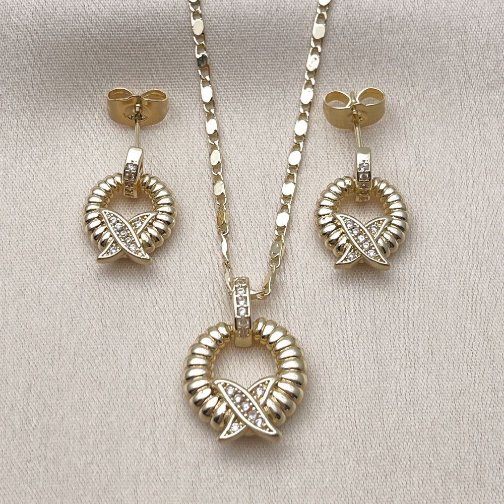 Oro Laminado Earring and Pendant Adult Set, Gold Filled Style Twist Design, with White Micro Pave, Polished, Golden Finish
