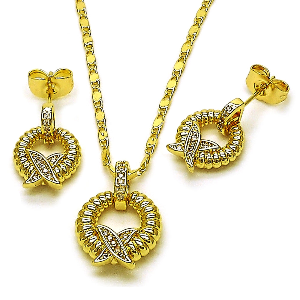 Oro Laminado Earring and Pendant Adult Set, Gold Filled Style Twist Design, with White Micro Pave, Polished, Golden Finish