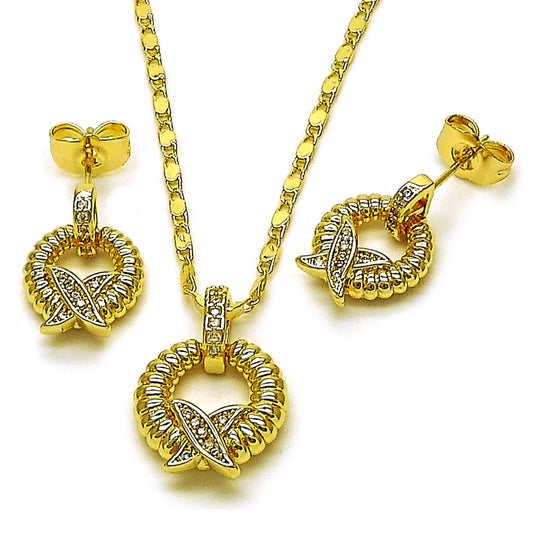 Oro Laminado Earring and Pendant Adult Set, Gold Filled Style Twist Design, with White Micro Pave, Polished, Golden Finish