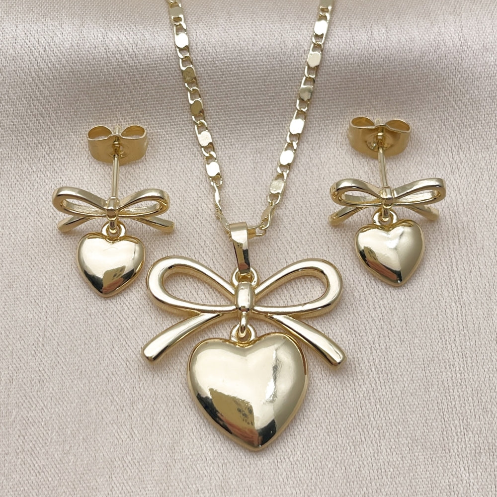 Oro Laminado Earring and Pendant Adult Set, Gold Filled Style Heart and Bow Design, Polished, Golden Finish