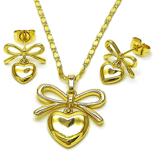 Oro Laminado Earring and Pendant Adult Set, Gold Filled Style Heart and Bow Design, Polished, Golden Finish