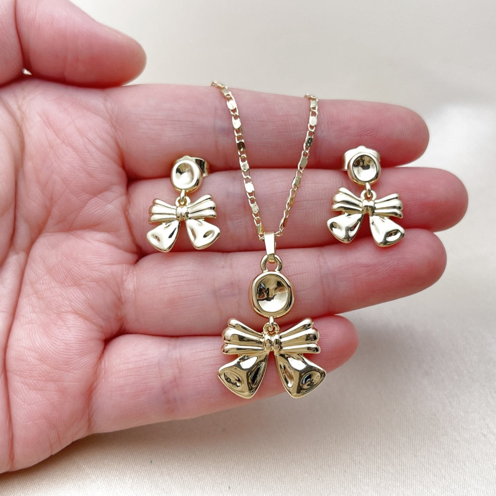 Oro Laminado Earring and Pendant Adult Set, Gold Filled Style Bow Design, Polished, Golden Finish