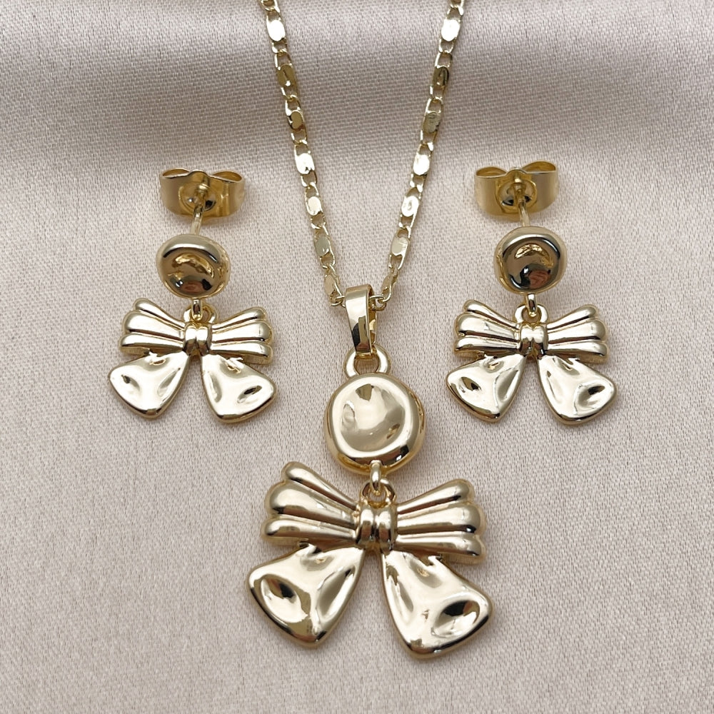 Oro Laminado Earring and Pendant Adult Set, Gold Filled Style Bow Design, Polished, Golden Finish