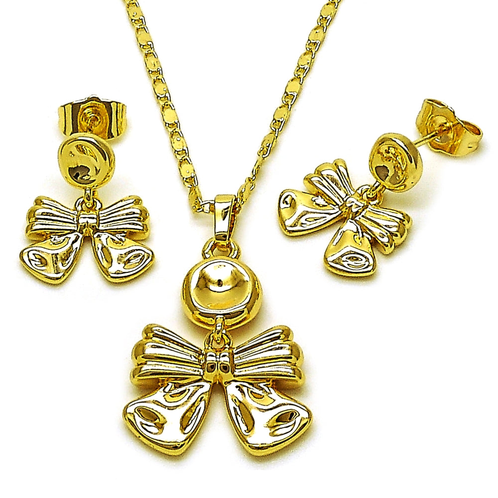 Oro Laminado Earring and Pendant Adult Set, Gold Filled Style Bow Design, Polished, Golden Finish