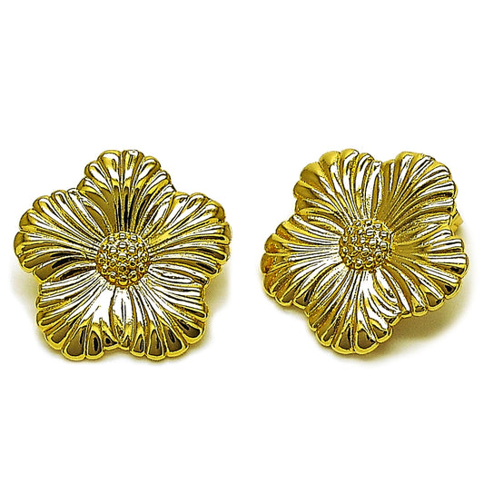 Oro Laminado Stud Earring, Gold Filled Style Flower Design, Polished, Golden Finish