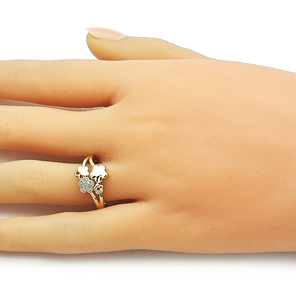 Oro Laminado Multi Stone Ring, Gold Filled Style Flower Design, with White Micro Pave, Polished, Golden Finish