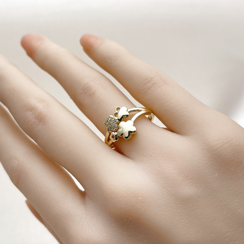 Oro Laminado Multi Stone Ring, Gold Filled Style Flower Design, with White Micro Pave, Polished, Golden Finish